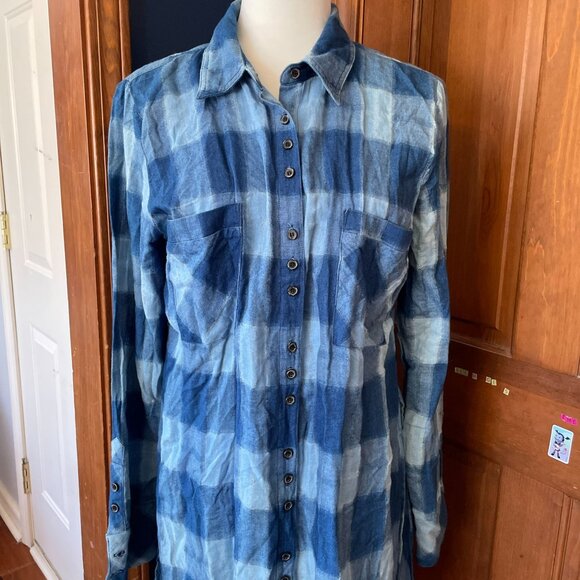 FREE PEOPLE Blue Plaid Flannel Button-Down Tunic Shirt Oversized Boho Grunge M - Picture 3 of 13